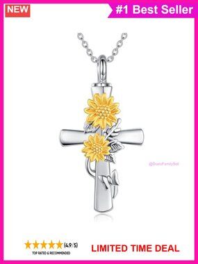 Sterling Silver Sunflower Cross Urn Necklace for Ashes Women Cremation Jewelry